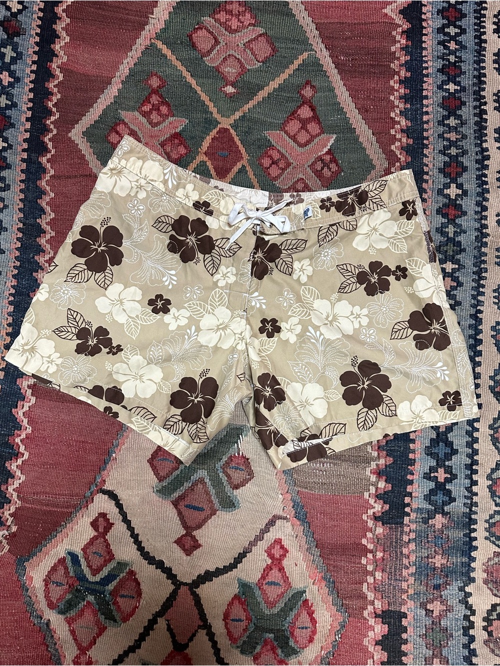 Women’s Beige Hawaiian Floral Swim Shorts with Drawstring